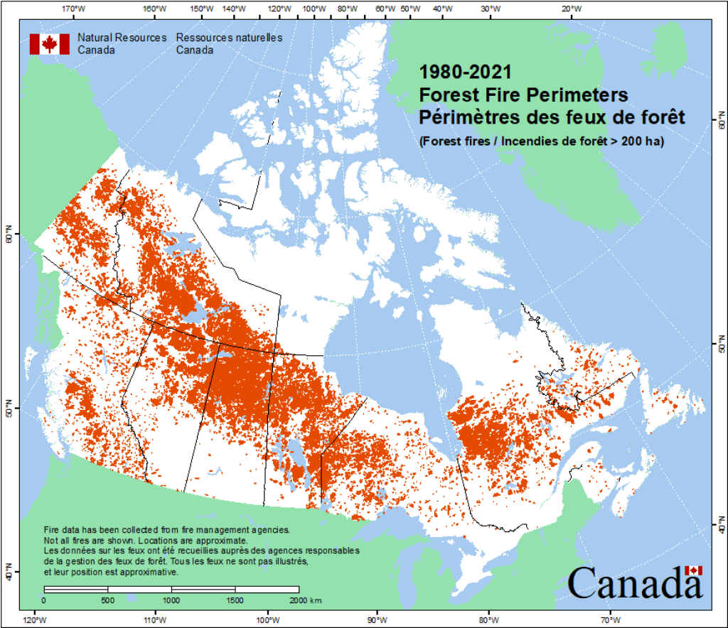 A map of Canada showing a collection of forest fire data from various sources; these data include fire locations (point data) and fire perimeters (polygon data) as provided by Canadian fire management agencies (provinces, territories, and Parks Canada).