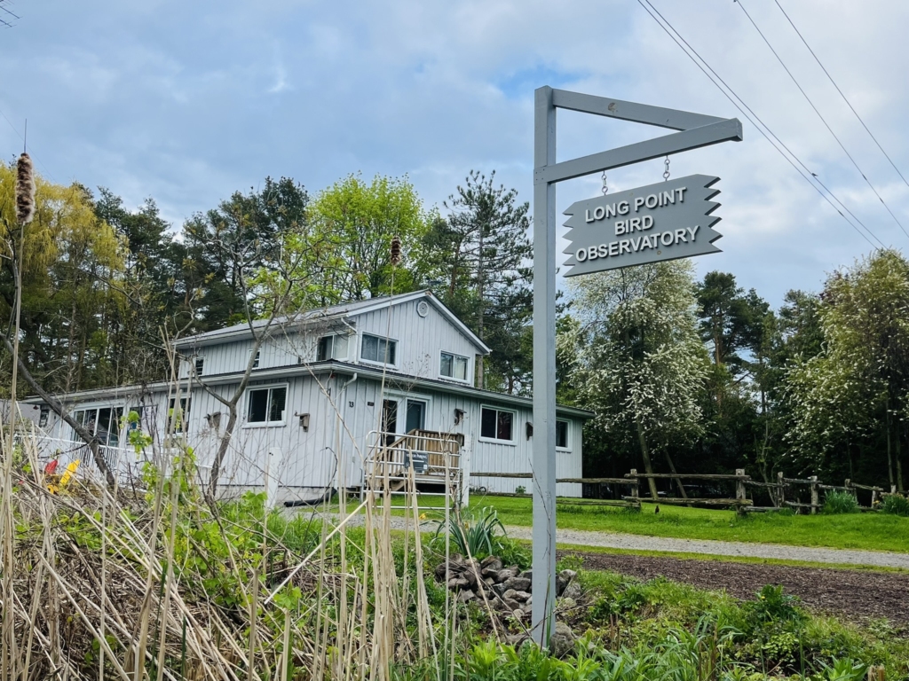 A sign reading Long Point Bird Observatory with a small building in the background