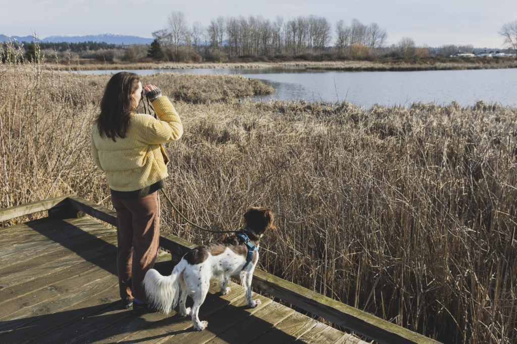 Une femme observe les oiseaux avec des jumelles, son chien est en laisse