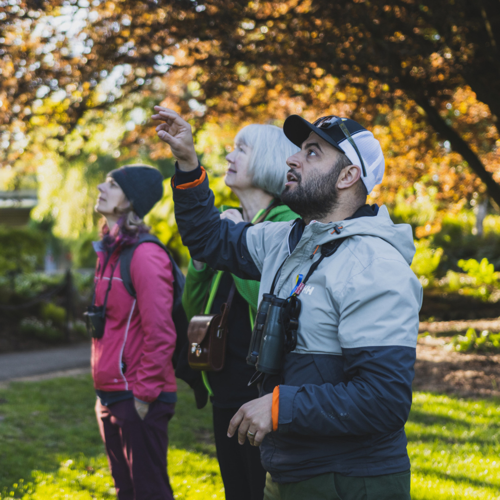 Three people birding.