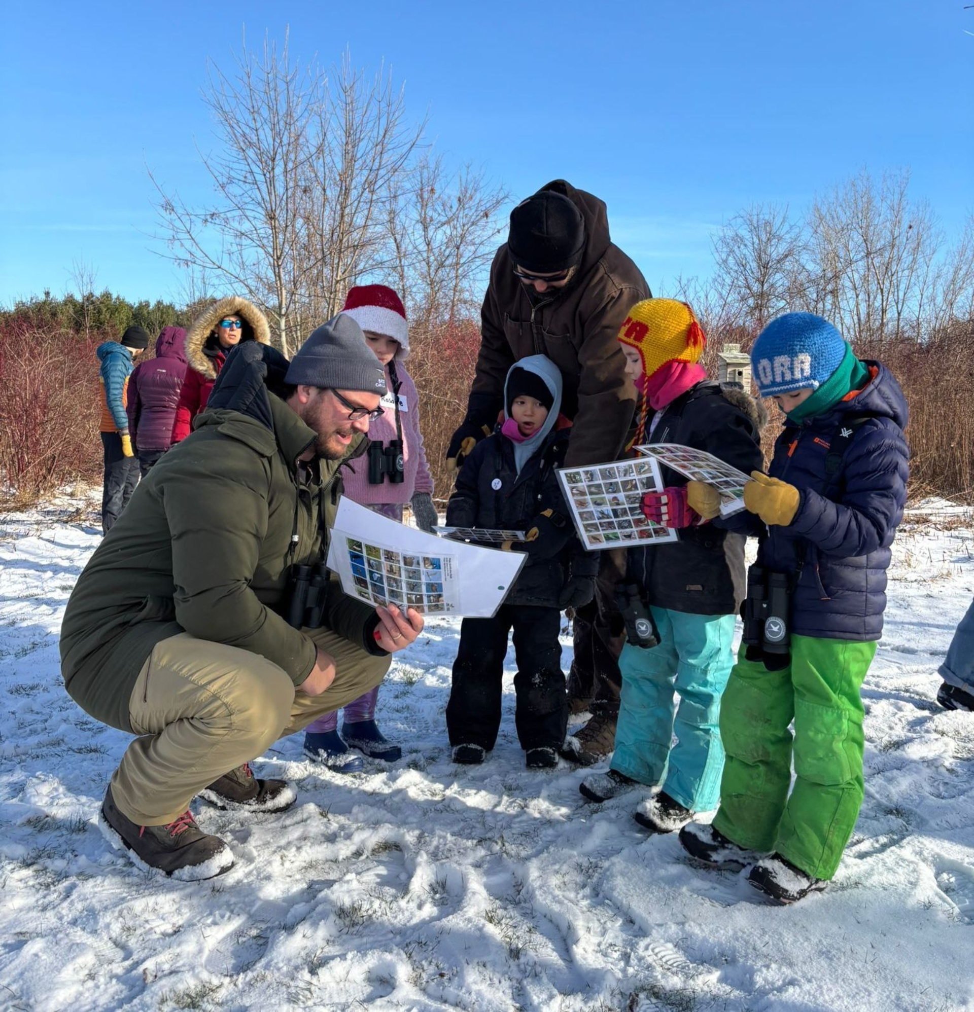 Children learning to bird in the winter time, looking at photos of birds